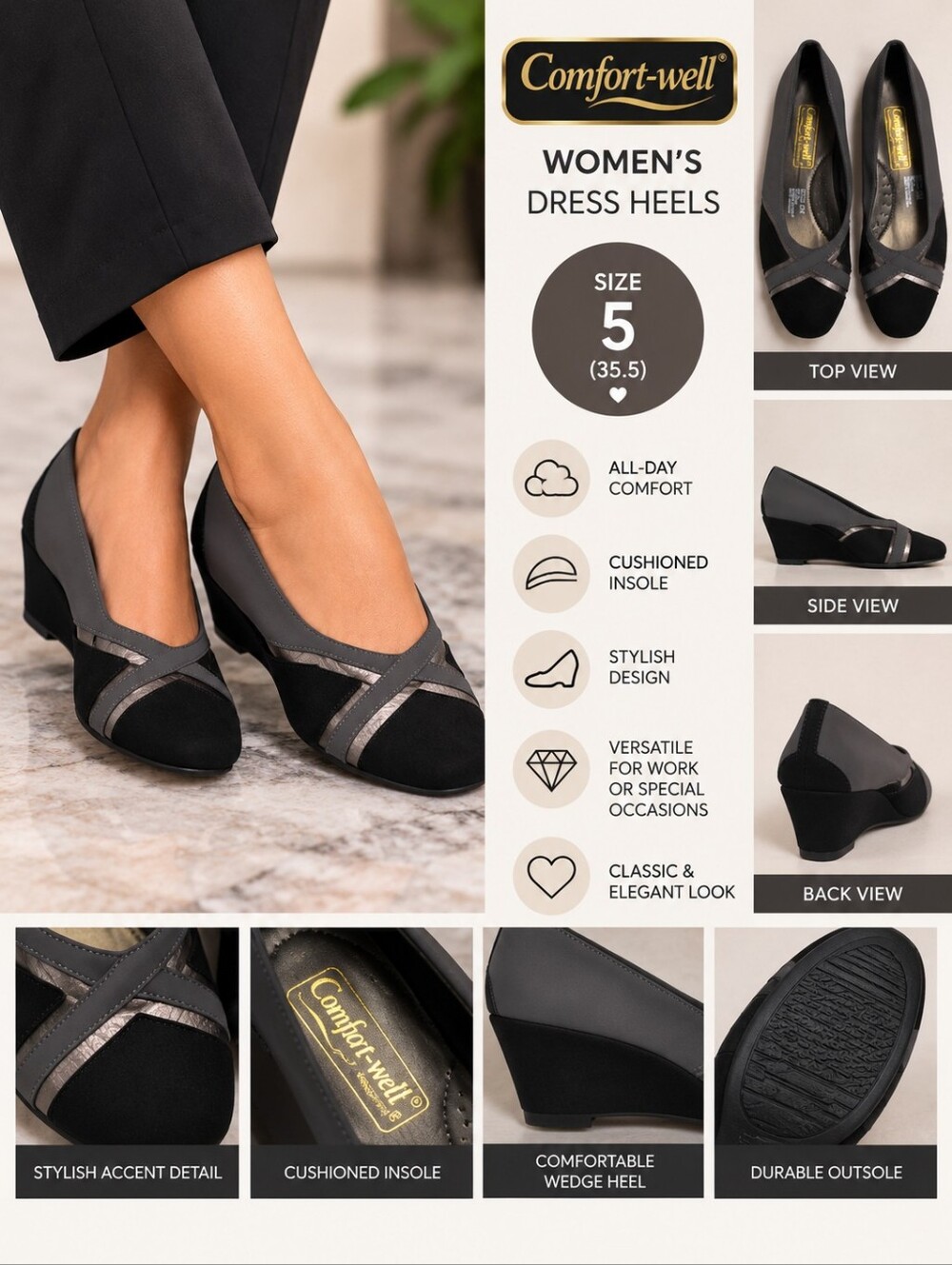 New Comfort-well Women's size 5 black gray heels #36